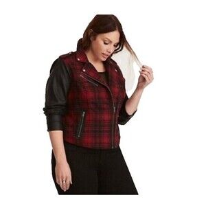 Torrid Jacket Sz 00X Wool Blend Plaid Red Black Cropped Zip Punk Glam Grunge